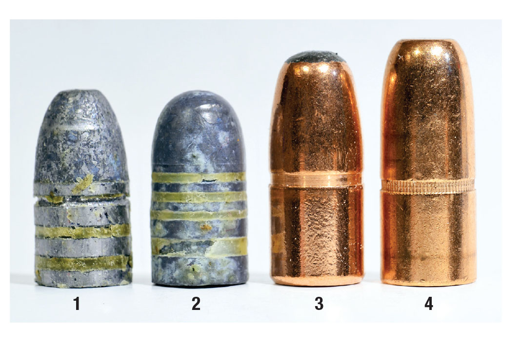 A selection of bullets that allow for everything from potting in cans to hunting elephants: (1) 470-grain .505 cast bullet, (2) 480-grain .510 cast bullet, (3) Swift 535-grain .505 A-Frame and (4) Hornady 570-grain .510 DGS solid.